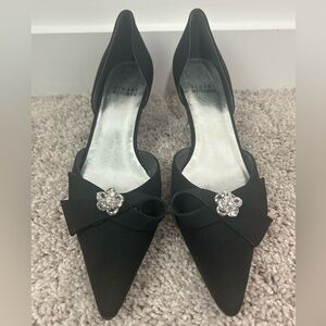 Stuart Weitzman Black Pointed Toe D'Orsay Pumps with Bow and Crystal Accent